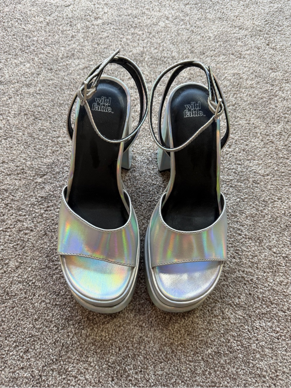 wild fable Iridescent Silver Metallic Holographic Platform Heel Sandals Y2K - Picture 2 of 13